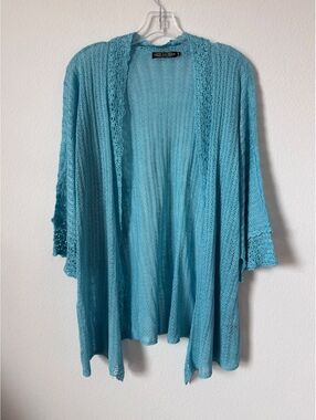 ZoZo Linen Blend Crochet Knit Turquoise Open Front Cardigan Sweater Size 1X